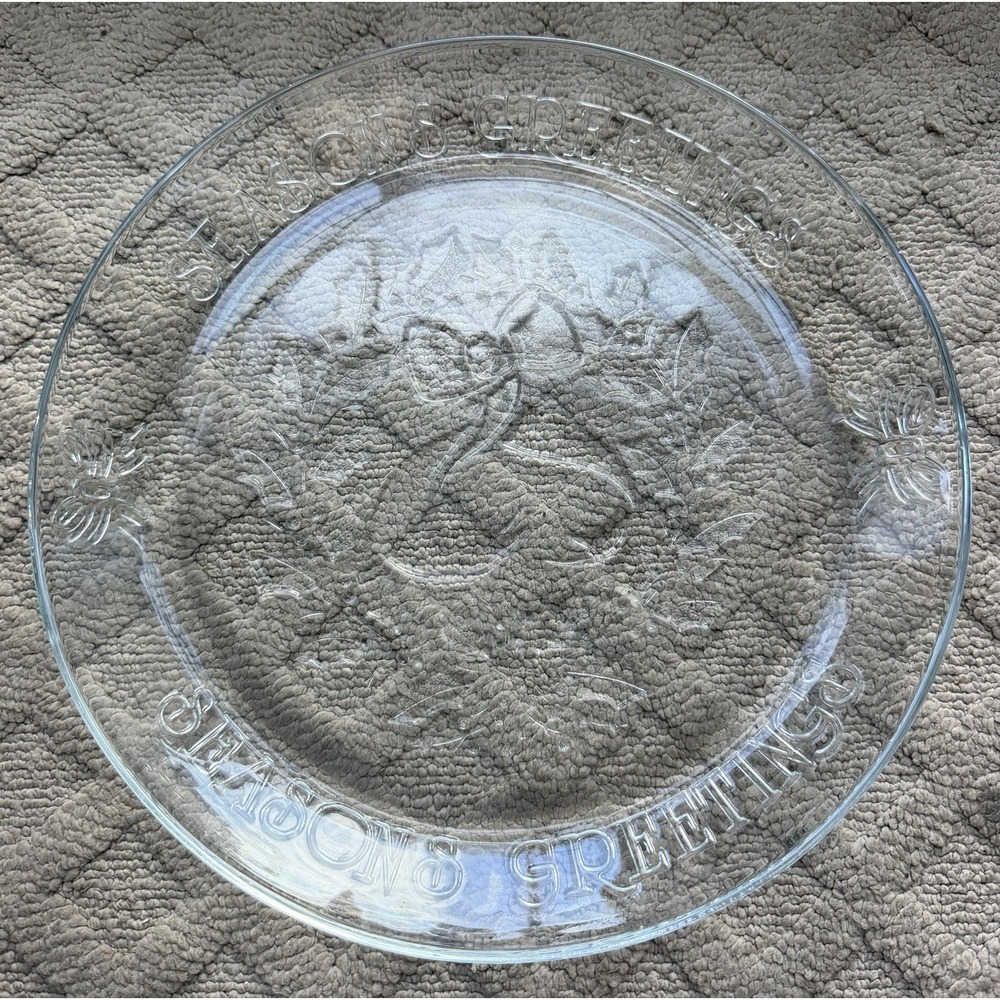 Anchor Hocking 12" Clear Glass SEASONS GREETINGS Holiday Platter Tray USA